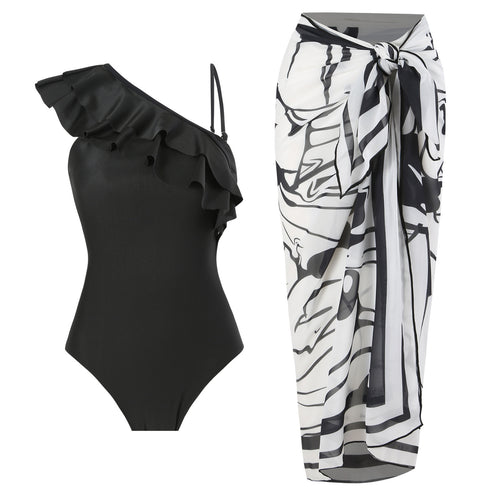 Dame badedragt med asymmetrisk flæse og matchende sarong Stilla