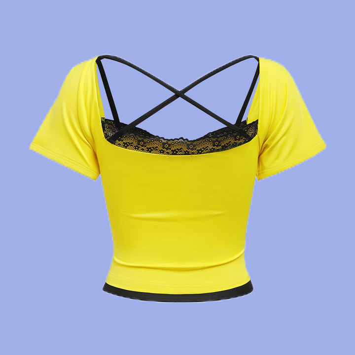 Dame cropped T-shirt med dekorativ ryg og kreativ grafiktryk Stilla