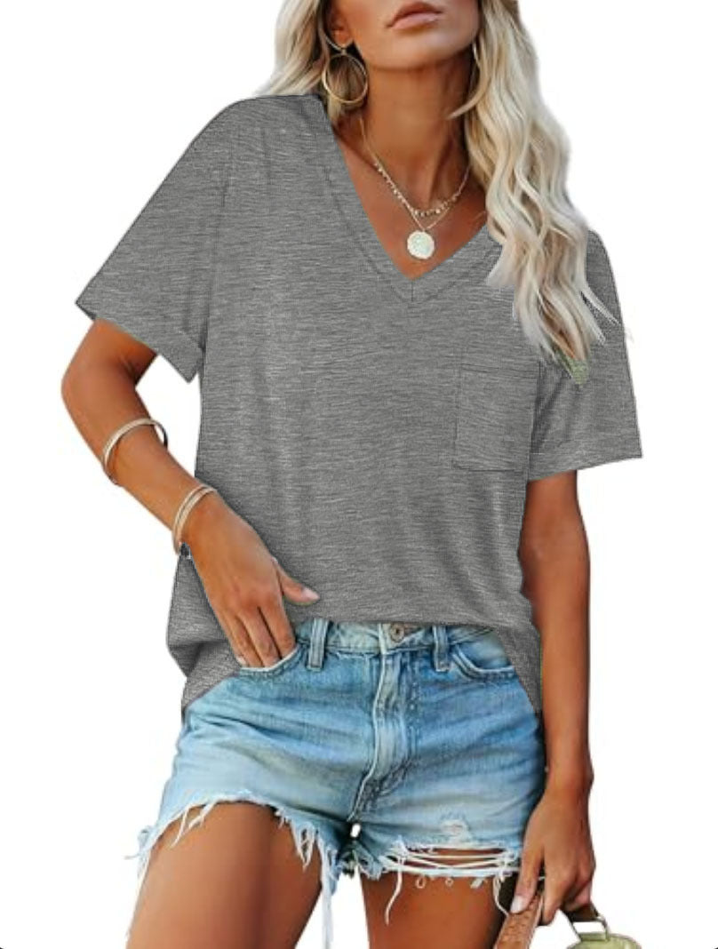 Dame Fritid V-Udskæring Lommer T-Shirt Stilla