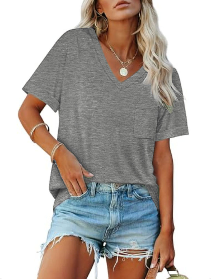 Dame Fritid V-Udskæring Lommer T-Shirt Stilla