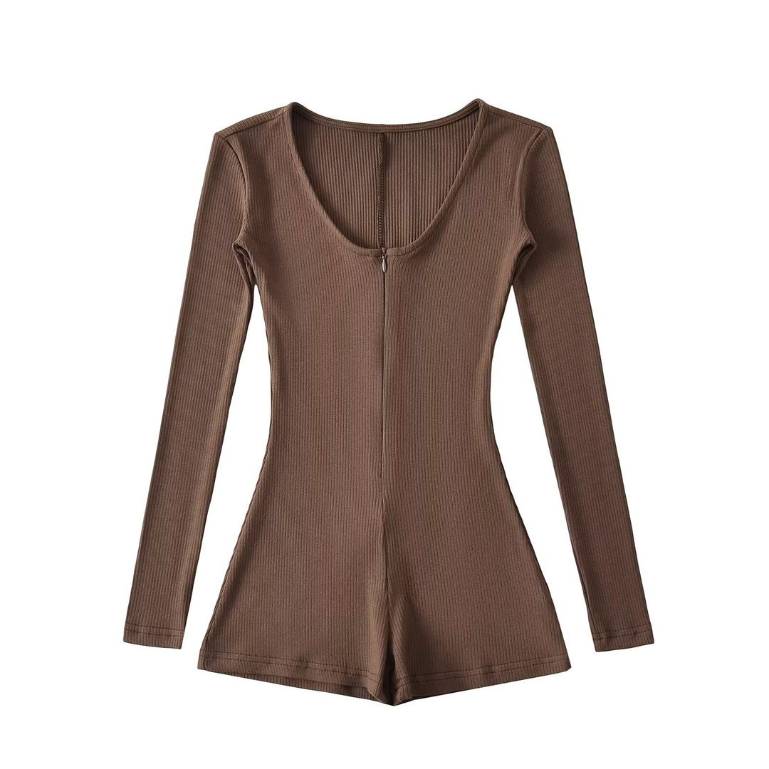 Dame Langærmet Playsuit med dyb Rundhalssnit og praktisk Lynlås Stilla