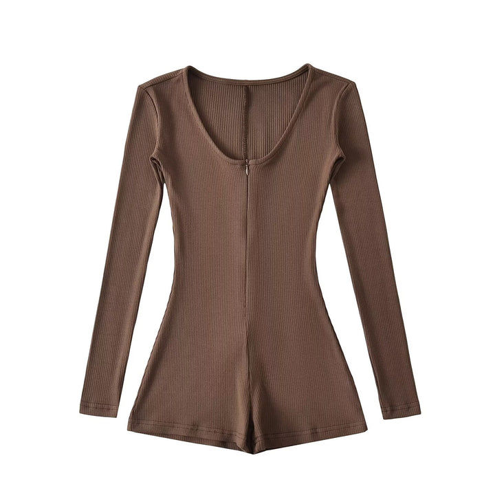 Dame Langærmet Playsuit med dyb Rundhalssnit og praktisk Lynlås Stilla