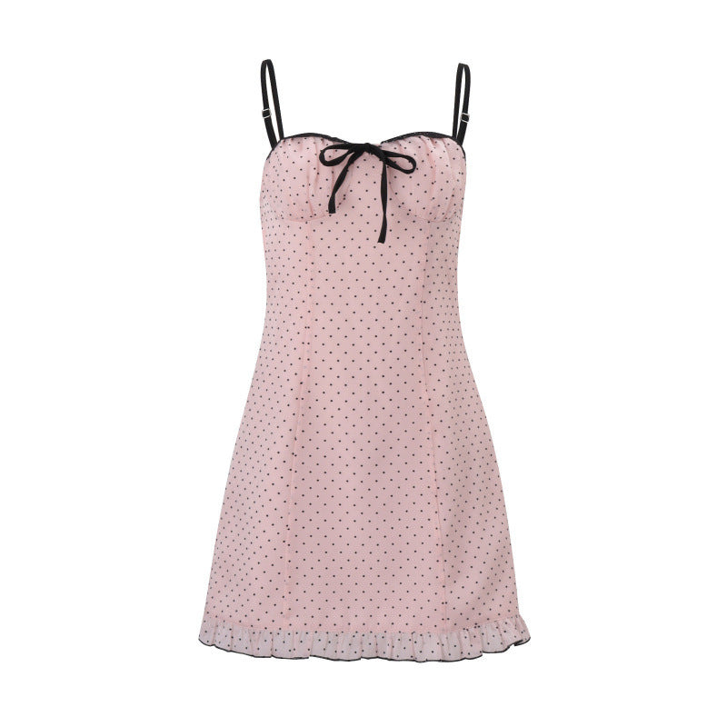 Damen Spaghetti-Trägerkleid mit eleganten Punkten und verstellbaren Riemen Skovae