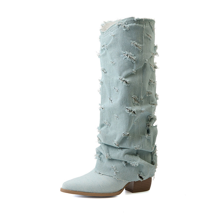 Femme Slouchy Distressed Denim knæhøje støvler Stilla