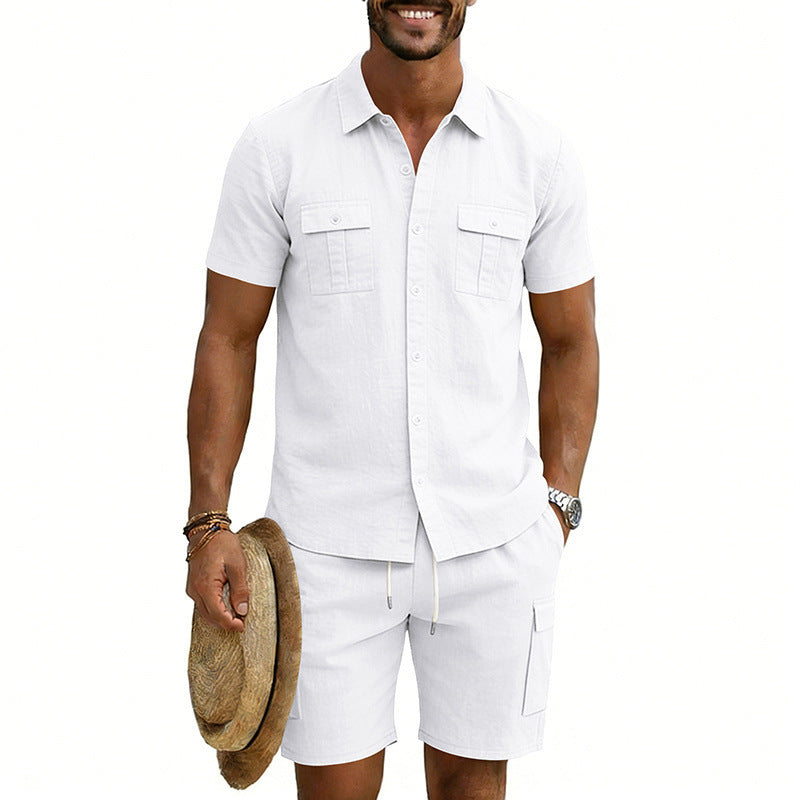 Herrer nan sommerligt fritids-sæt i bomulds-linnedmix med kortærmet skjorte og cargo-shorts Skovae