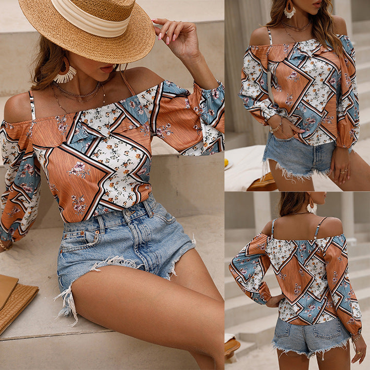 Dame Off-Shoulder Bohemian Floral Bluse med Flæseærmer Stilla