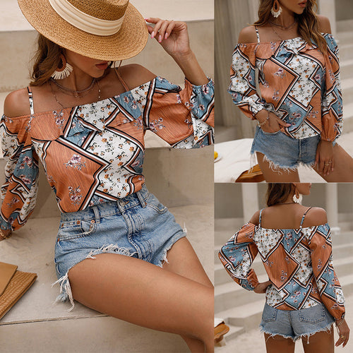 Dame Off-Shoulder Bohemian Floral Bluse med Flæseærmer Stilla