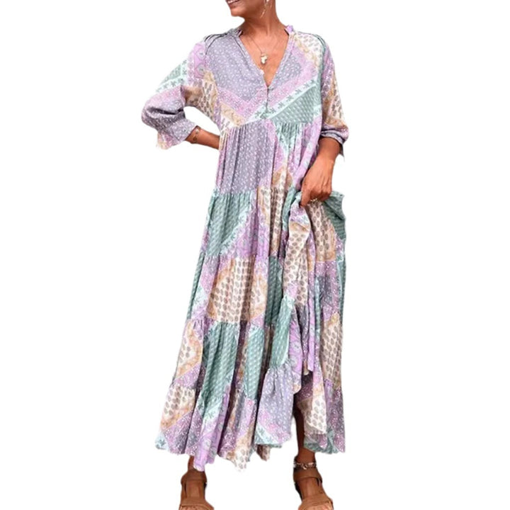 Dame nan luftige Maxikjole i patchwork-boho-stil med V-udskæring, rynket overdel og udtrækket stribekant Skovae
