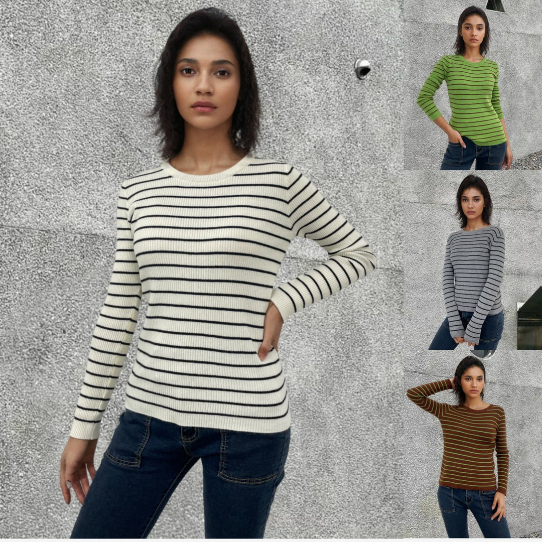 Kvindernes ribbet sweater med stribet design og forlængede ærmer Stilla