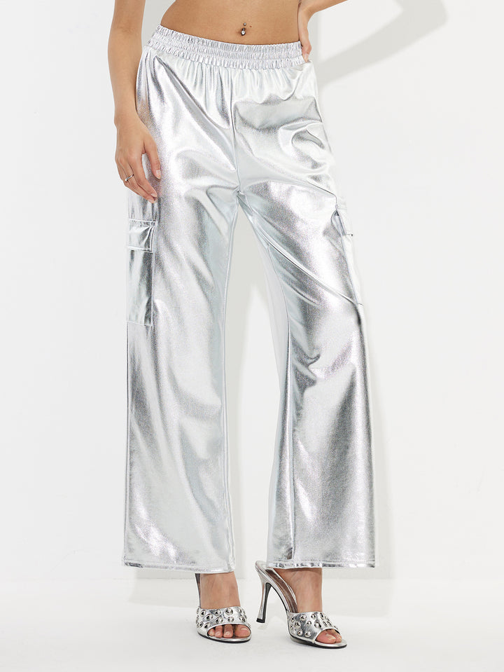 Kvinders cargo bukser i skinnende metallic look med elastisk talje Stilla