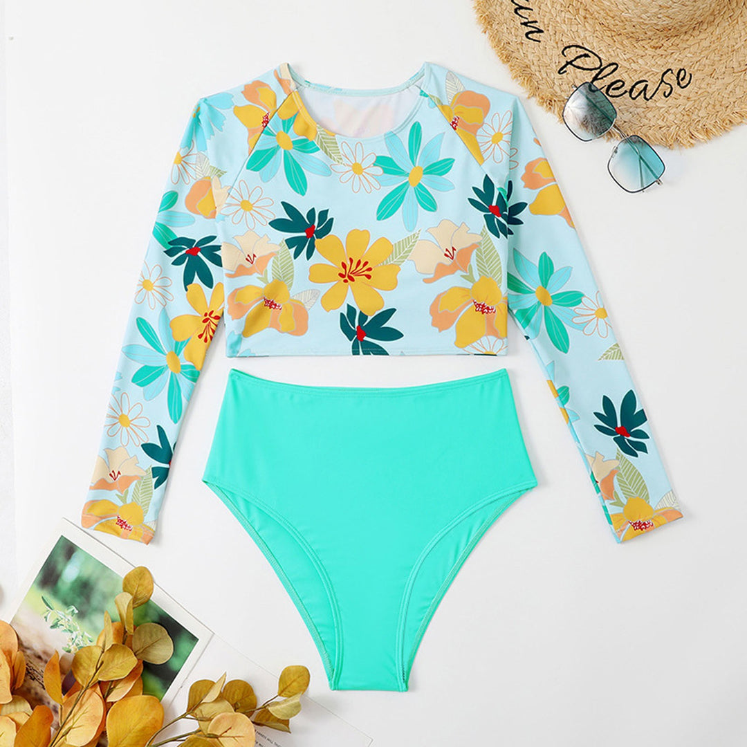 Damer Sport Tankini med blomsterlangærmet top og højtaljede shorts Stilla