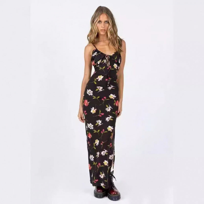 Dame Floral Print Maxi Kjole med justerbart bånd detalje Stilla