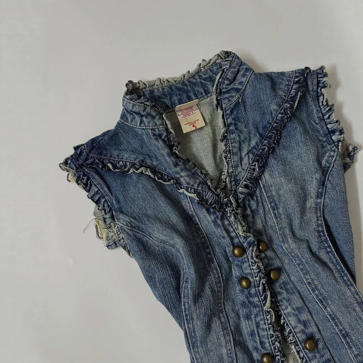 Dame denimvest med legende flæse-design Skovae