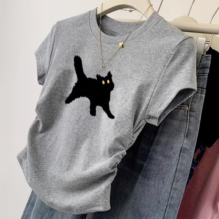 Dame T-shirt med kreativ kattemotiv og afslappet snit Skovae