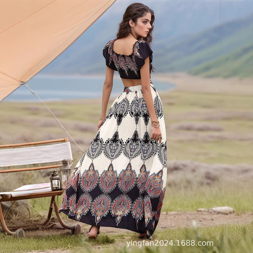 Dame Bohemian Off-Shoulder Crop Top og Maxi Skirt Sæt Stilla
