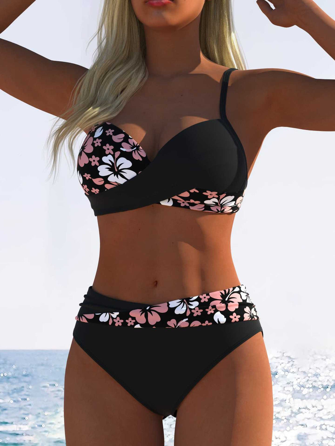 Dame Bikini-Sæt med blomster-wrap-mønster og behagelige high-waist-trusser Skovae
