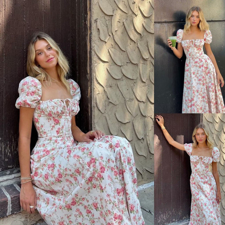 Dame Maxi-kjole med blomsterprint, puffærmer og høj slids Stilla