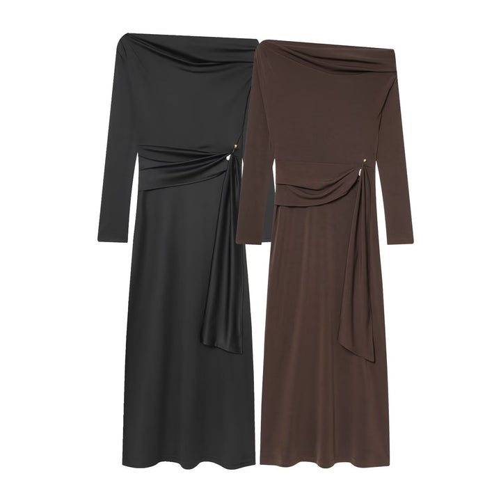 Damer elegant maxikjole med asymmetrisk udskæring og dekorativ drapering Skovae