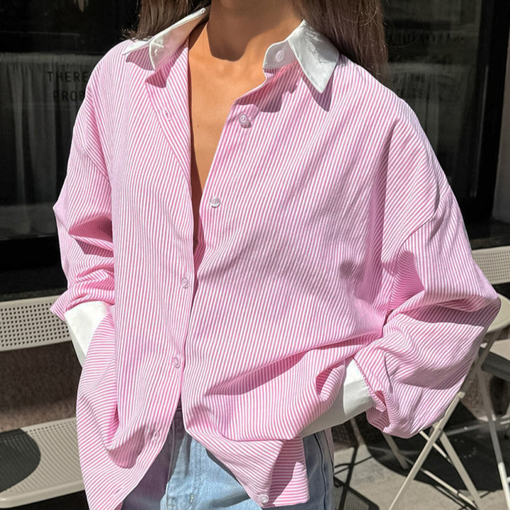 Dame Oversized Skjorte med Knude og Stribet Design Stilla
