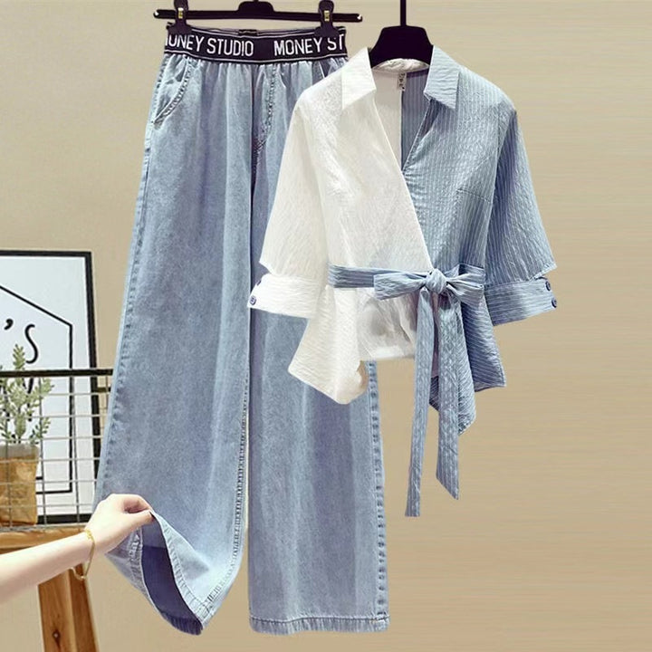 Dame To-delt Sæt med løs, stribet top og bred jeans-bukser Skovae