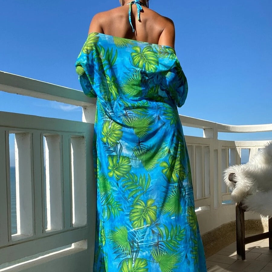 Dame Bikini-sæt med gennemsigtig kaftan og blomsterdesign Skovae