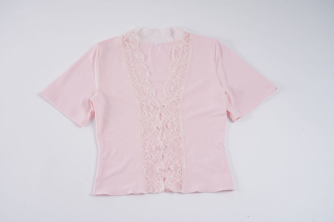 Damen elegantes Kurzarmoberteil mit zarten Spitzenakzenten Skovae