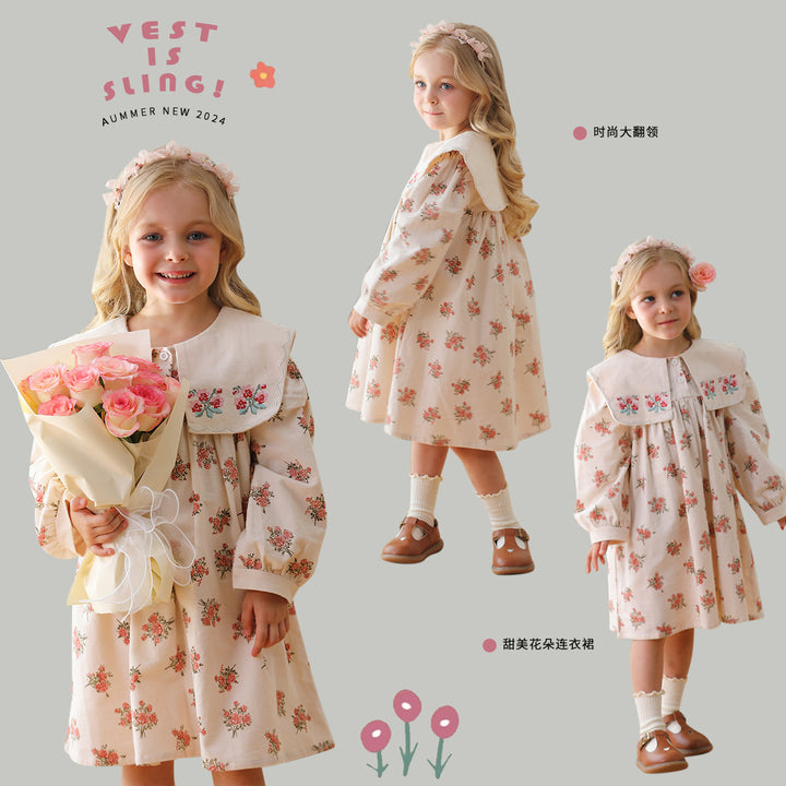Pige vintage-inspireret floral-kjole med stor krave Stilla