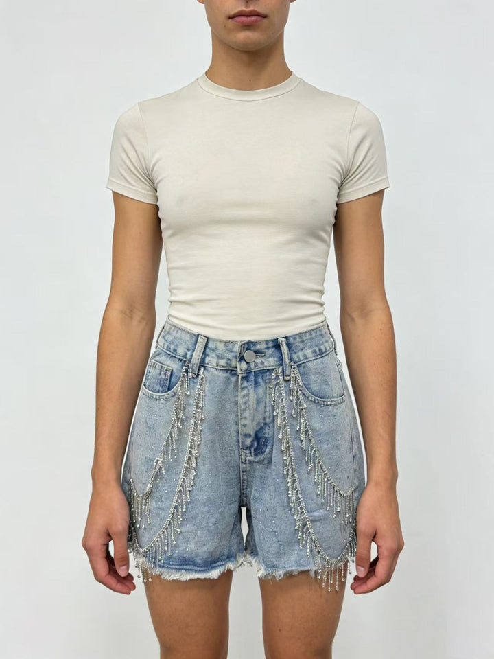 Dame Designer Denim-shorts med trendy kædeudsmykninger Skovae