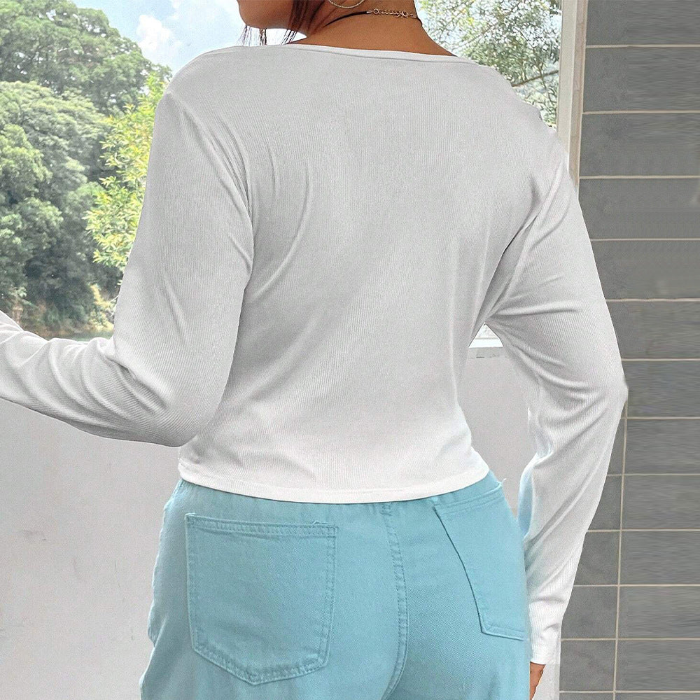 Dame langærmet Basic Shirt med knapper og V-udskæring Stilla