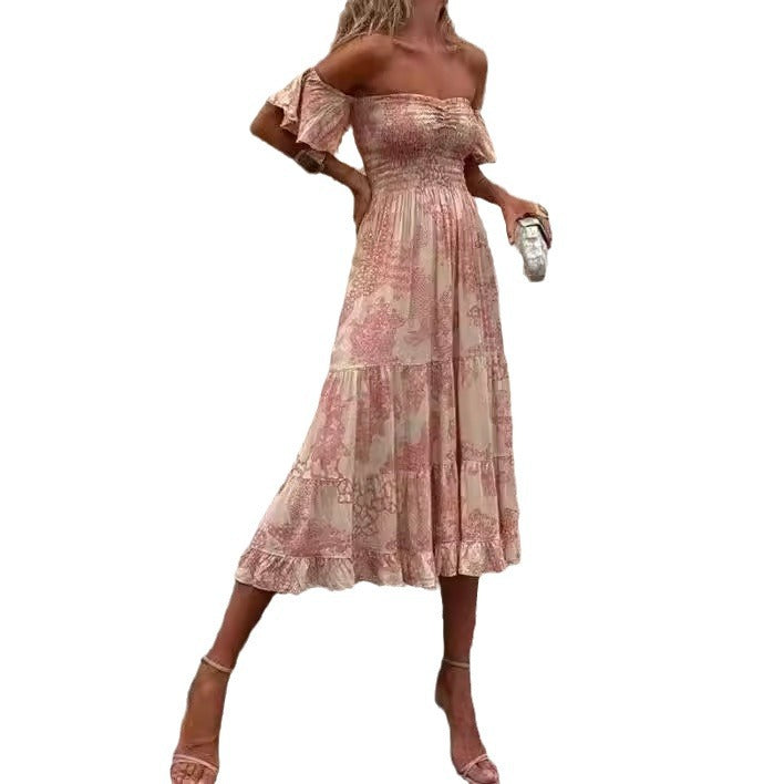 Women's Off-Shoulder Maxi Dress with Ruffle Details and Elastic Waistband Skovae