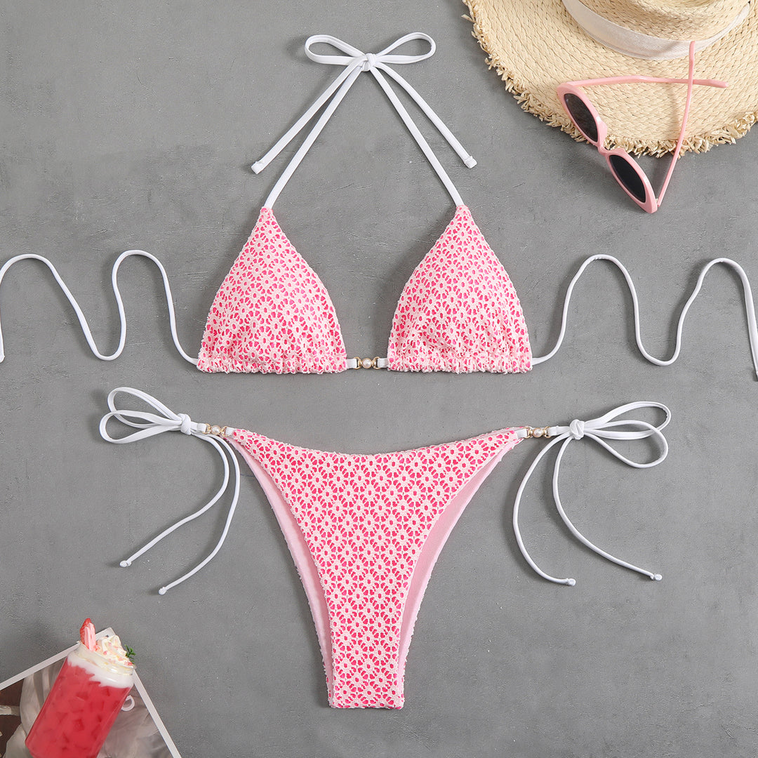 Dame triangle bikini med filigranet blomsterdesign og charmerende sløjfer Skovae