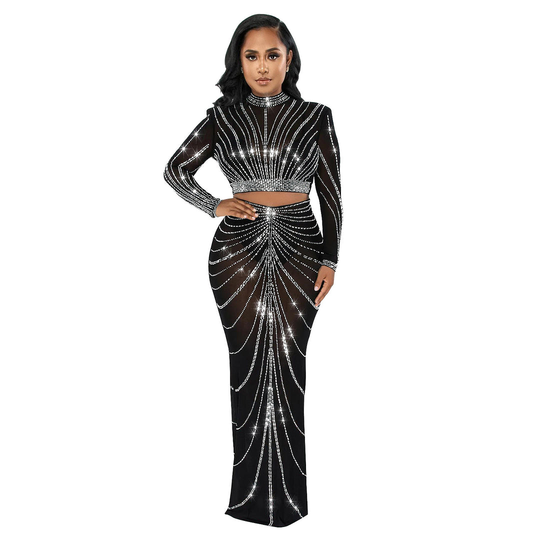 Dame Elegant Crop-Top og Maxi-Nederdel Sæt med glitrende Strass-dekorationer Stilla