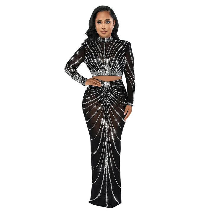 Dame Elegant Crop-Top og Maxi-Nederdel Sæt med glitrende Strass-dekorationer Stilla