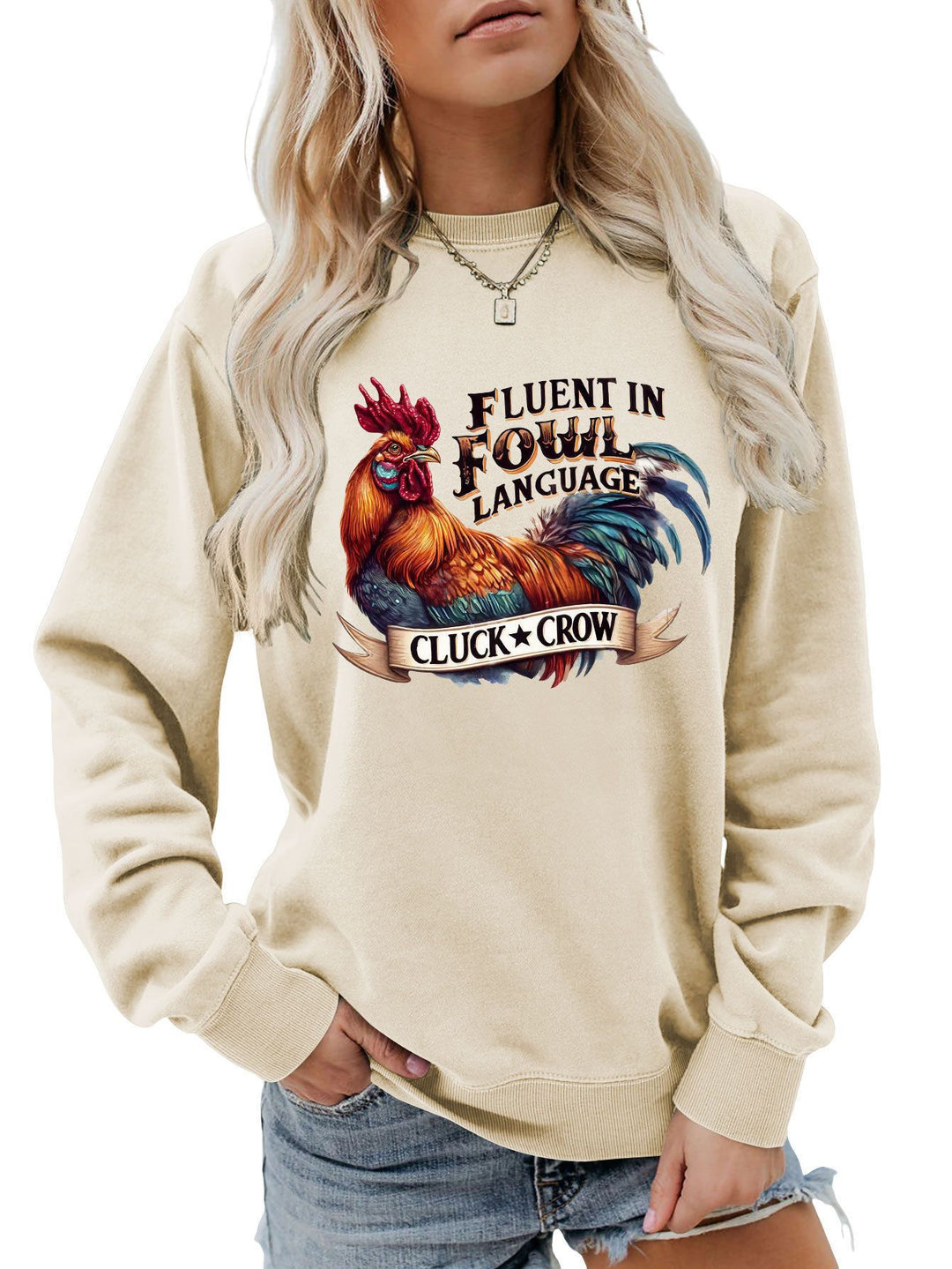 Kvinders sweatshirt med humoristisk kyllingemotiv og behagelig pasform Stilla
