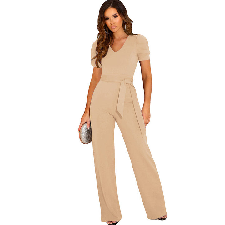 Dame jumpsuit med elegant V-udskæring og taljebælte Stilla
