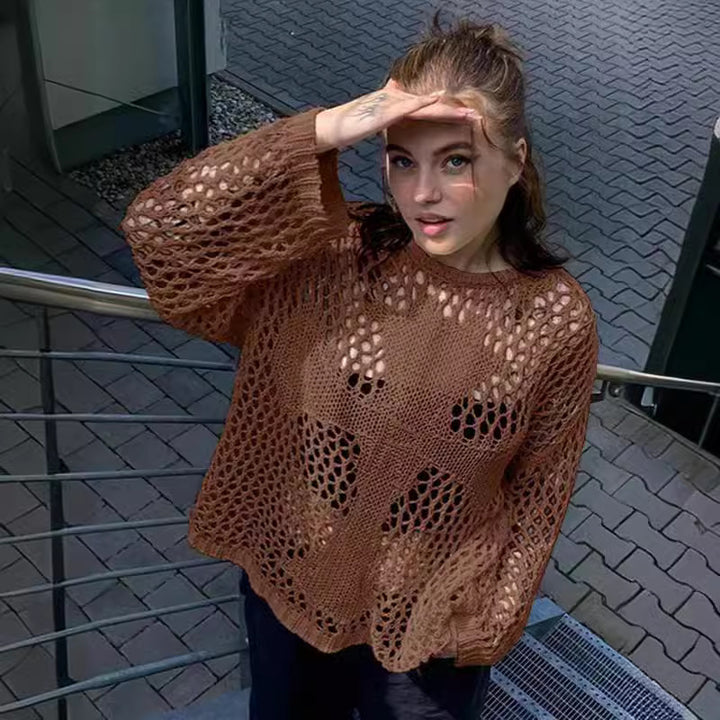 Kvinders luftige strikket sweater med åben mesh design Stilla