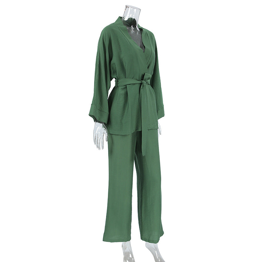 Dame trendy loungewear-sæt med bred kimono-overdel og løs bukser Stilla