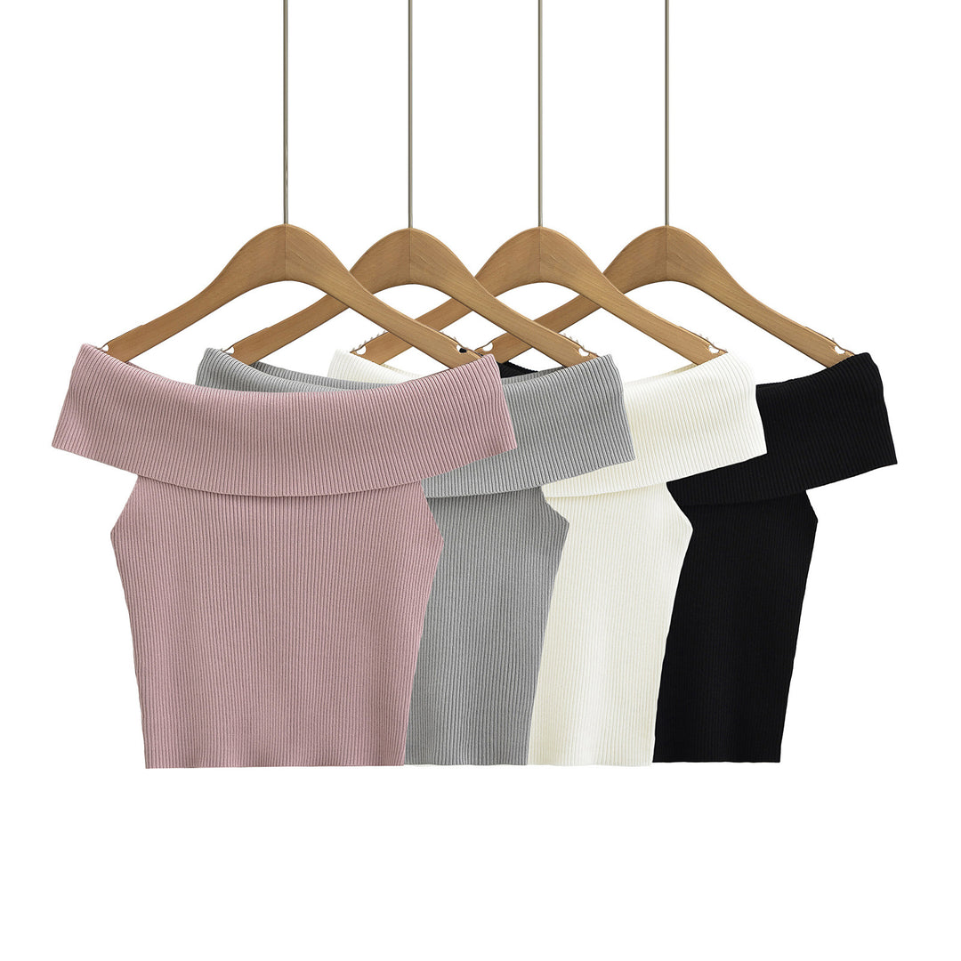 Dame Off-Shoulder Top med bred krave og struktureret ribdesign Stilla