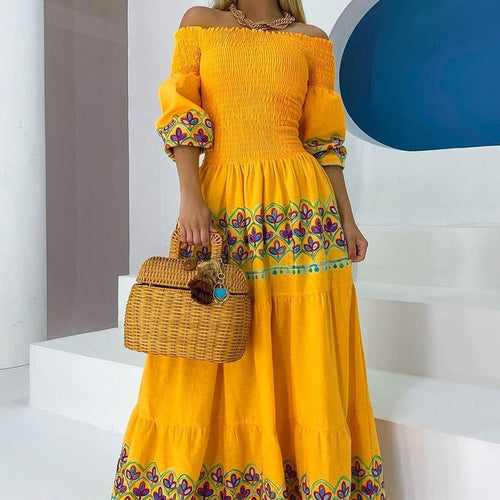 Kvinders Boho Maxi Kjole med Off-the-Shoulder Design og Legendes Broderi Detalje