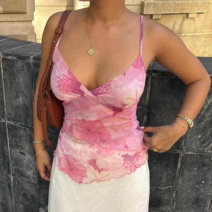 Dames Blomster Blonde Top med Elegant Indpakningslook og Fine Spaghetti Stropper Skovae