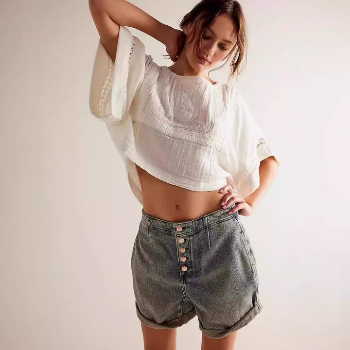 Dame cropped jeansjakke med lagdelt flannelfor Stilla