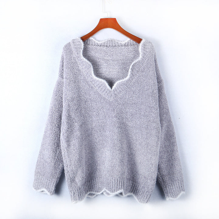 Dame afslappet strik pullover med V-hals og struktureret stof Stilla