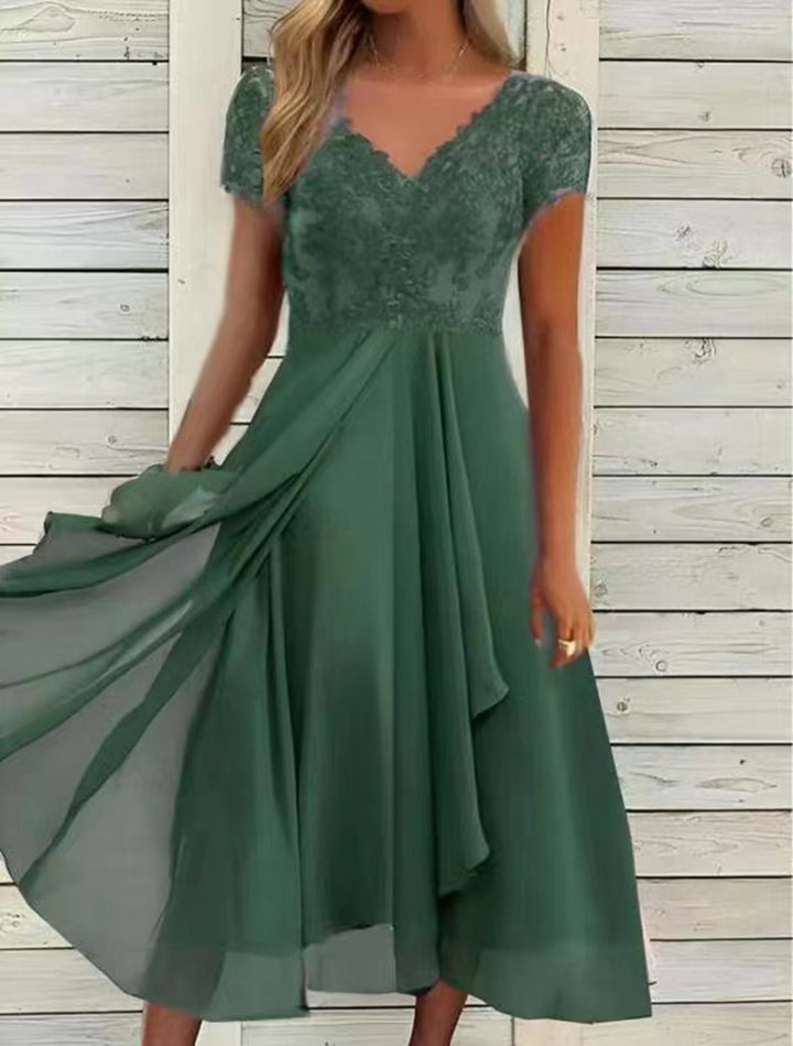 Dame Elegante Chiffon Aftenkjole med Spidstop og Bred Skørt Stilla