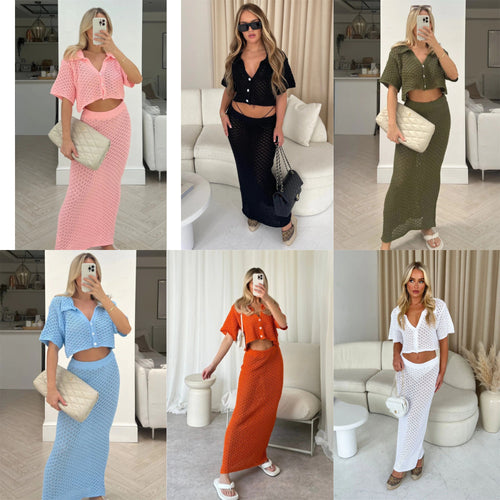 Dame hæklede strandlook med crop-top og maxiskørt Stilla
