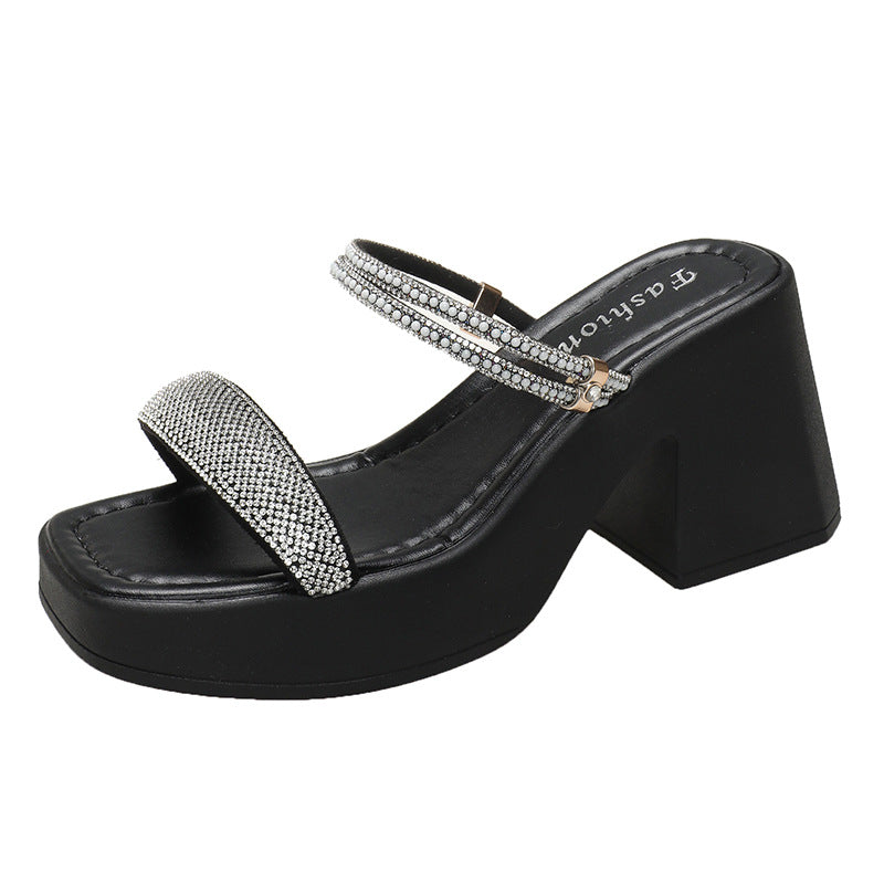 Damer Chunky Hæle Slide Sandaler med Rhinestones Rem-Detalje Stilla