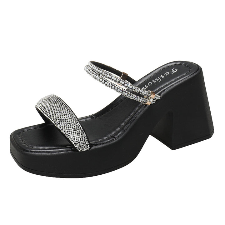 Damer Chunky Hæle Slide Sandaler med Rhinestones Rem-Detalje Stilla