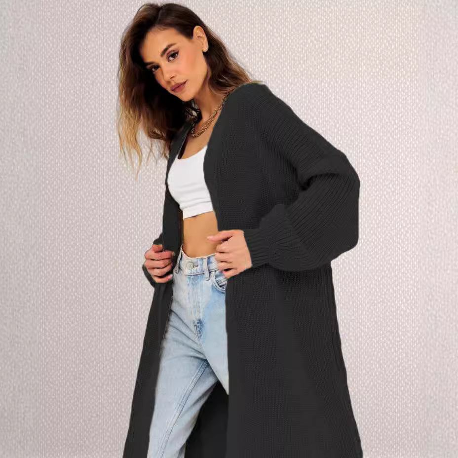 Kvinders chunky strikket cardigan med åben frontdesign og dybe lommer Stilla