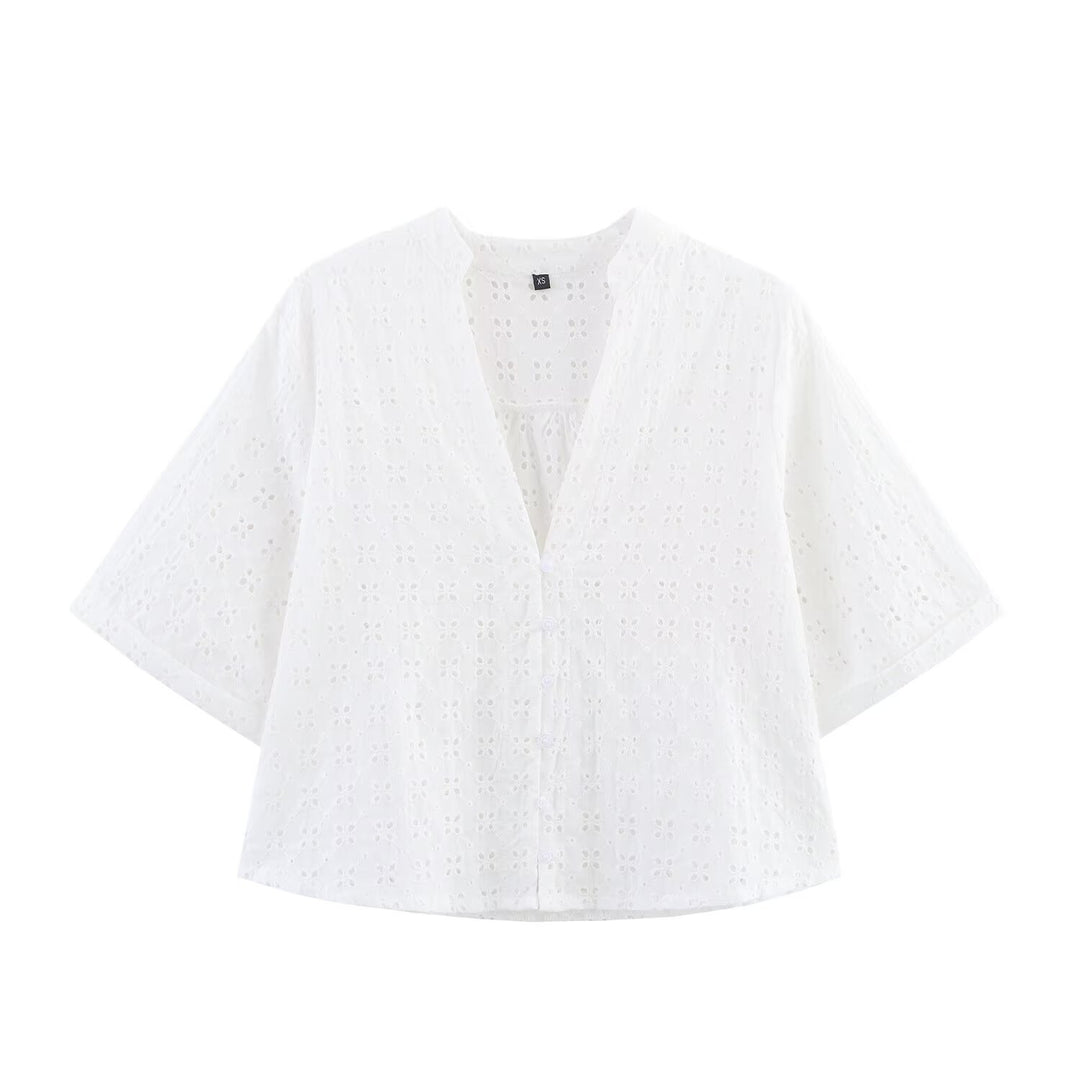 Dame luftig sæt med broderie anglaise og vidt skåret top Skovae