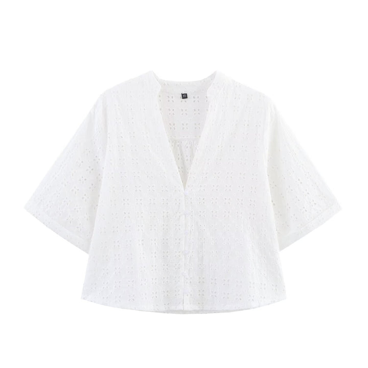 Dame luftig sæt med broderie anglaise og vidt skåret top Skovae