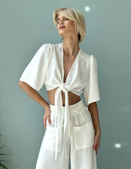 Kvinders afslappede crop top og brede højtaljede bukser sæt Skovae
